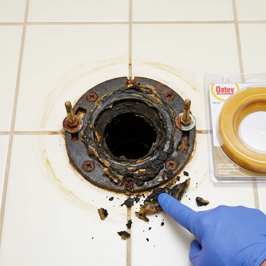 Failed wax ring showing water seepage at the base of a toilet in a Washburn, ND home