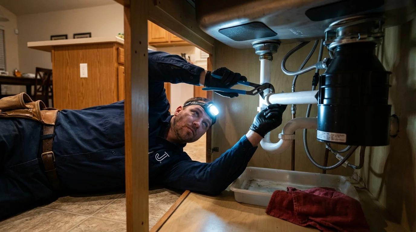 P-trap and supply line connections under a kitchen sink showing a common leak point in Washburn, ND